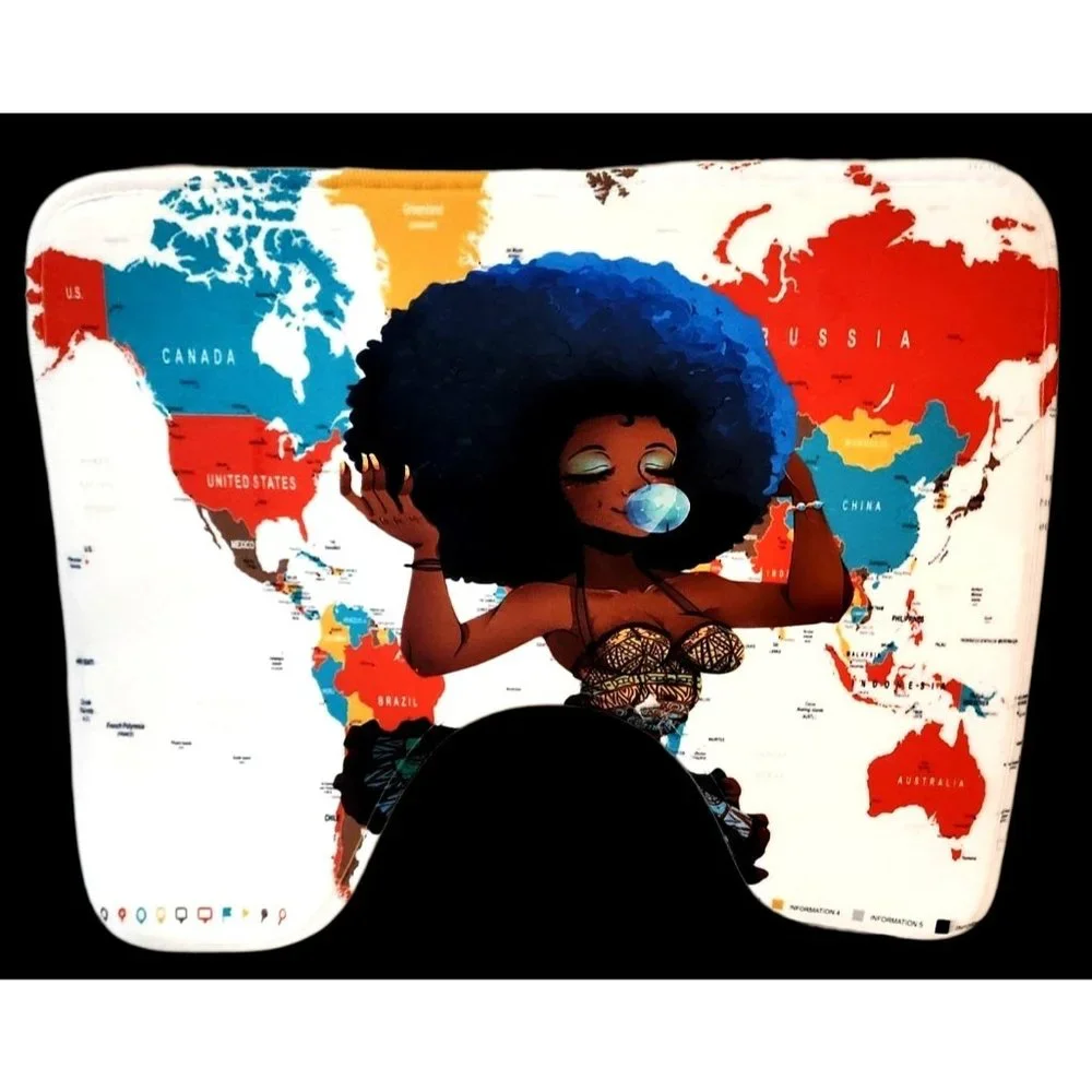 African Woman Blue Afro World Map Graphic Bathroom Decor 3pc Set NEW Unused